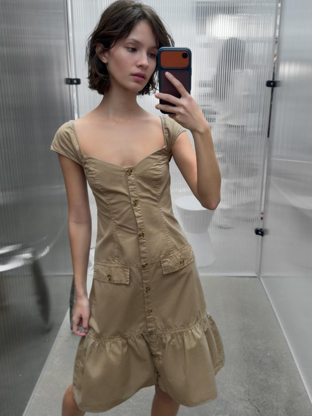Zara Khaki Button-Front Midi Dress